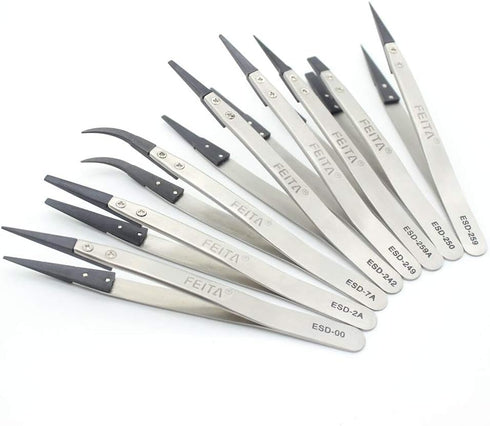 Precision Tweezer Set - FEITA Antistatic Replaceable Fiber Tip Stainless Steel ESD Tweezers for Electronics, Jewelry-Making, Laboratory, Hobby (8 ...